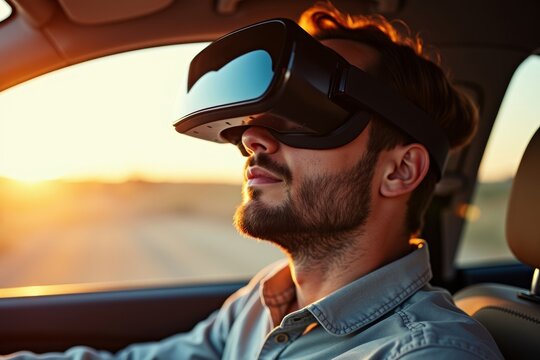 Man immersed in virtual reality as sunlight dances on his face, creating a surreal and futuristic atmosphere.
