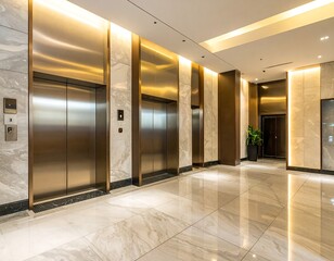 Modern, spacious lobby with elegant elevators