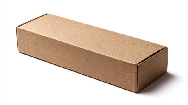 Stunning photo of closed cardboard box long and brown is isolated on a white background in this copy space image.