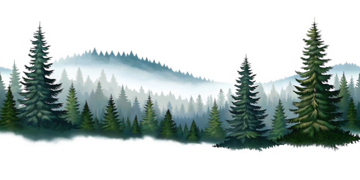 Dark pine forest landscape with fog and mist isolated on a transparent background