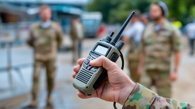 Close-up of walkie-talkie in an officer&rsquo;s hand with blurred background of team in action.