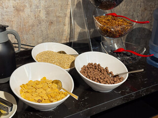 Bowls with oats, flakes, and cereals arranged at breakfast counter. Nutrition, hospitality, and food culture in hotel dining service.