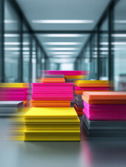 Fototapeta premium Vibrant stacks of colorful paper sheets in a modern office corridor creating a dynamic perspective with blurred edges and bright lighting reflections on the floor