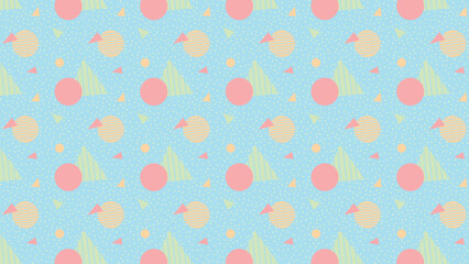 This memphis pattern features playful shapes like circles and triangles in soft pink and green against a light blue background, creating a fresh and vibrant design perfect for whimsical decor.