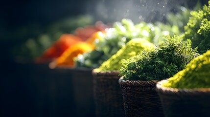Baskets filled with fresh organic greens and herbs at a vibrant farmer's market stall.