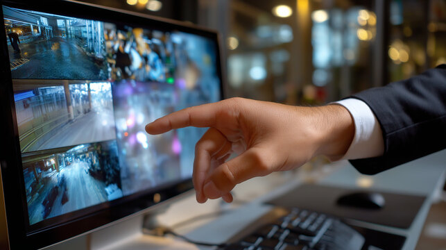 Close-up of a CCTV feed displaying suspicious activity, agent&rsquo;s hand pointing at the screen.
