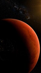 Naklejka premium Mars, a vibrant red planet, bathed in cosmic light