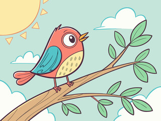 Two cute cartoon birds sitting on a spring branch with leaves and flowers