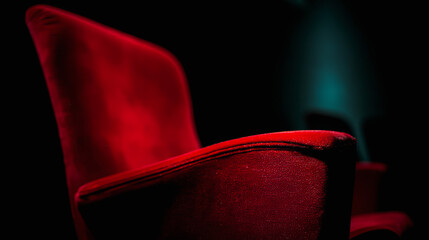 A cozy red velvet movie theater seat, dimly lit with a blurred background of the theater.
