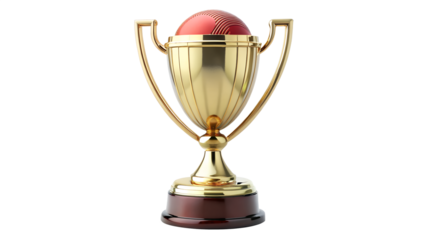 A golden trophy with a cricket ball on top, symbolizing victory and achievement in the sport isolated on transparent background shiny and prestigious
