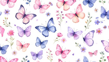 Pastel butterflies and flowers on white background