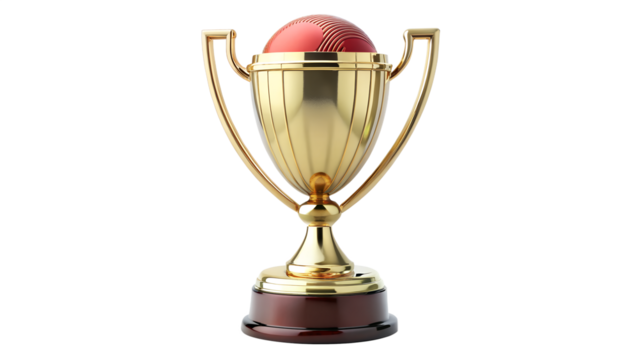 A golden trophy with a cricket ball on top, symbolizing victory and achievement in the sport isolated on transparent background shiny and prestigious