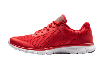 Red running shoe isolated on transparent background, designed for athletic performance, fitness training, and sports activities, showcasing its sleek design and comfort