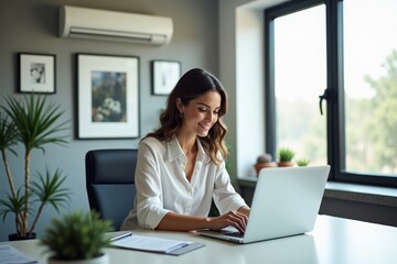 on the woman controlling the air conditioner with a remote in a stylish office setting.