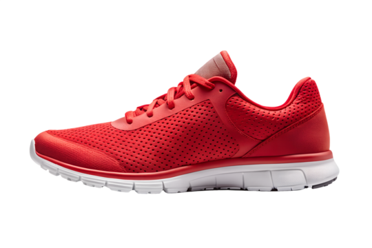 Red running shoe isolated on transparent background, designed for athletic performance, fitness training, and sports activities, showcasing its sleek design and comfort