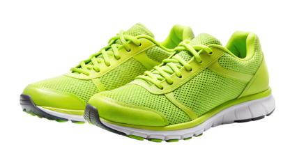 A pair of green running shoes isolated on transparent background, ideal for fitness, exercise, and an active lifestyle, promoting health and wellbeing