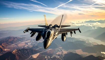 An advanced fighter jet soars through a picturesque sky, contrails highlighting its powerful flight over a scenic landscape of mountains and fields, captured with a wide-angle perspective