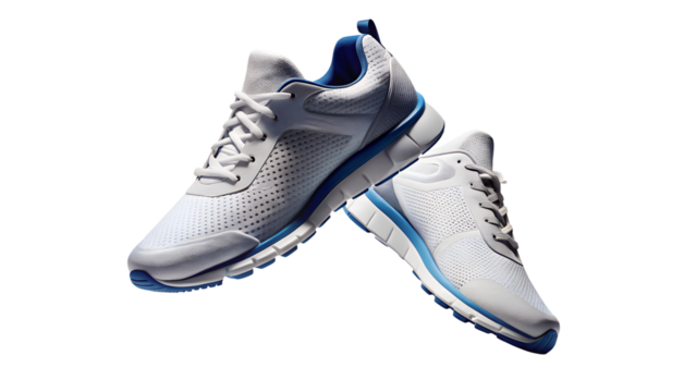Pair of white and blue running shoes isolated on transparent background, perfect for fitness enthusiasts and athletes seeking comfort and style