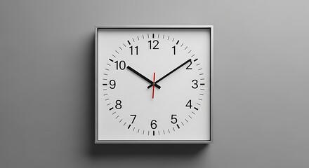 Modern square clock showing ten past ten on neutral gray wall for time management