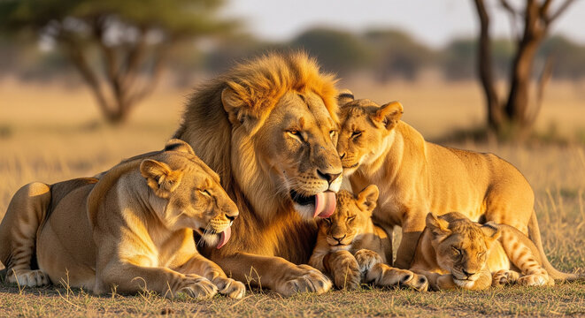 Majestic lion family basking in the golden sunset light, a symbol of strength and unity in nature