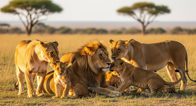 Majestic lion pride family bonding together at sunset in the African savanna, a heartwarming wildlife moment