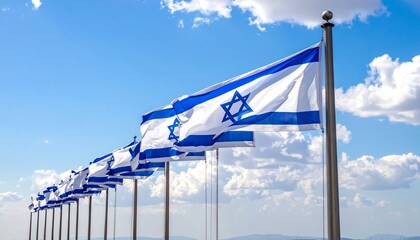 Israeli flag waving on a flagpole against a dramatic sky with warm sunset hues, featuring blue stripes and central Star of David on a white field.