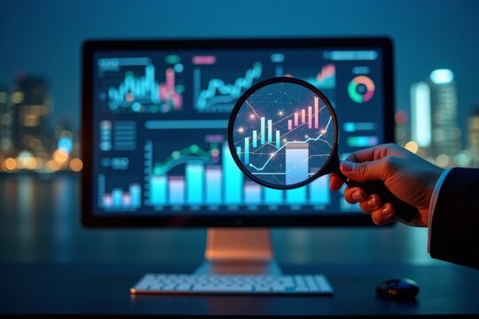 Close-up image of hand magnifying complex and colorful data analytics dashboard on digital screen with key performance indicators
