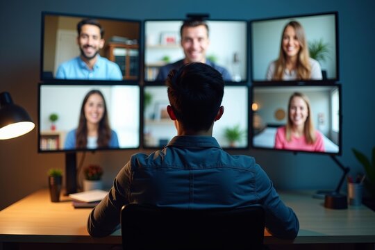 A person sitting at their desk with multiple screens showing various virtual job interviewers with diverse backgrounds