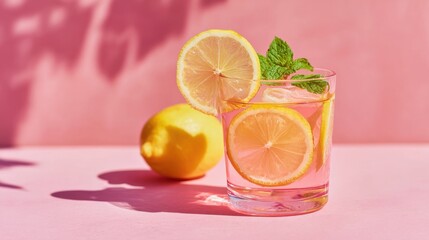 Stunning photo of refreshing pink lemonade with lemon slice and mint on pink background in bright sunlight.