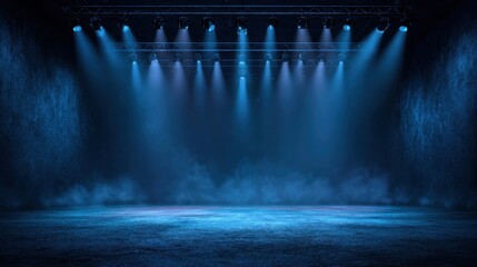 Stunning photo of dark stage shows, empty dark blue background, neon light, spotlights, The asphalt floor and studio room with smoke float up the interior texture for display.