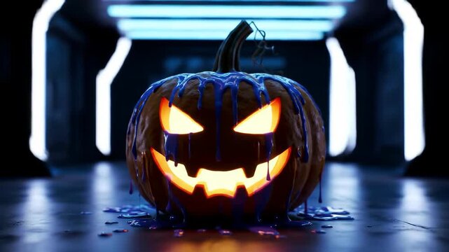 Menacing Jack-o'-lantern with Glowing Eyes and Dripping Blue Slime in a Dark Futuristic Hallway