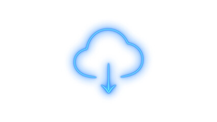 Illustration of blue neon cloud download icon isolated on transparent background for web design, user interface, and mobile applications, representing data transfer