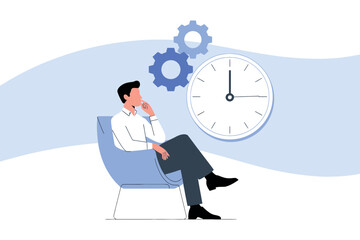 Business professional thinking about time and gears strategy on a light blue backdrop transparent background