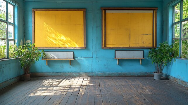 Interior design blue room yellow art plants windows wooden floor bright light empty space vintage style rustic - Powered by Adobe