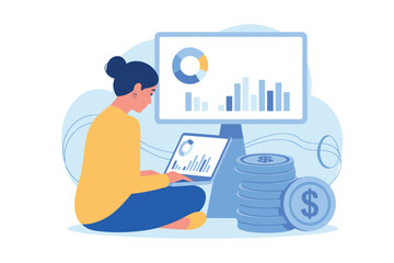 Focused woman analyzing financial data on laptop and desktop screens with charts and graphs for business growth transparent background