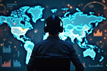 Visualizing Financial Data in Virtual Reality: Person Immersed in VR Headset Surrounded by Holographic Charts and Graphs, Digital World Map in Background.
