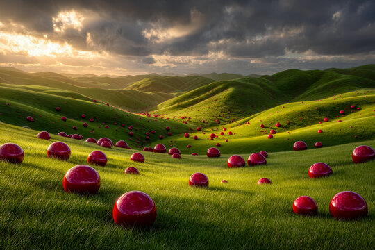 Surreal landscape with rolling green hills and glossy red spheres under a dramatic sky - Powered by Adobe