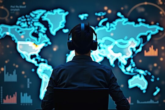 Visualizing Financial Data in Virtual Reality: Person Immersed in VR Headset Surrounded by Holographic Charts and Graphs, Digital World Map in Background.