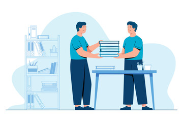 Two businessmen collaborating on project documents and presentations in modern office setting transparent background