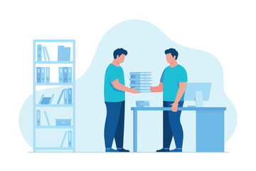 Business team collaboration showing project documentation at desk with shelving unit in modern office environment transparent background