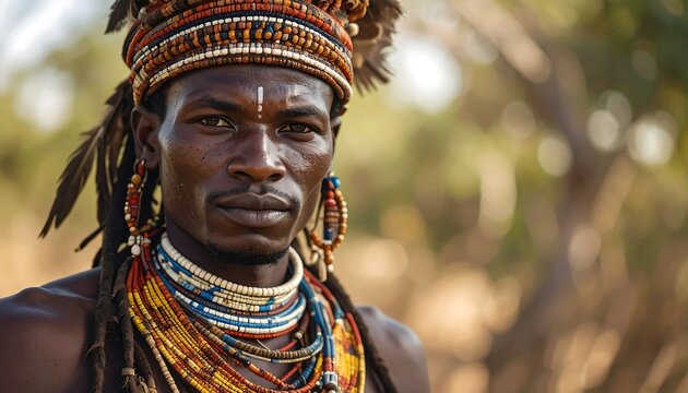 Close-up portrait of a man in traditional tribal attire
