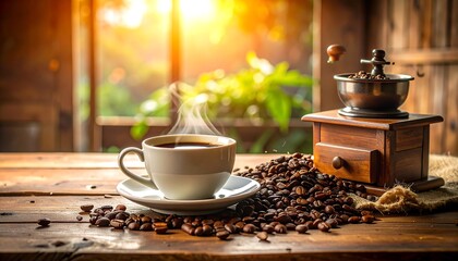A warm cup of coffee on a rustic wooden table, bathed in the golden light of sunrise or sunset