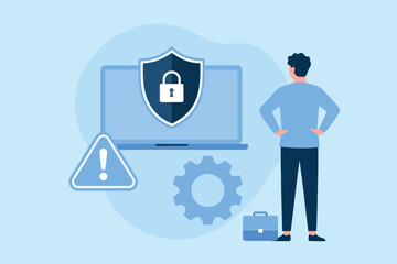 Digital security and data protection concept with person monitoring secure laptop and warning sign transparent background