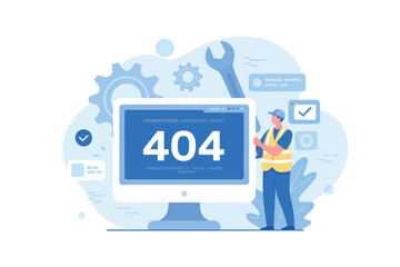 Website error 404 page not found concept with person and computer screen showing error message and tools for repair and fix transparent background