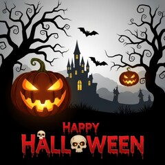 Spooky halloween scene with jackolanterns, bats, haunted castle, and creepy trees