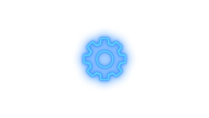 A bright blue neon glowing gear symbol representing settings or mechanics isolated on transparent background