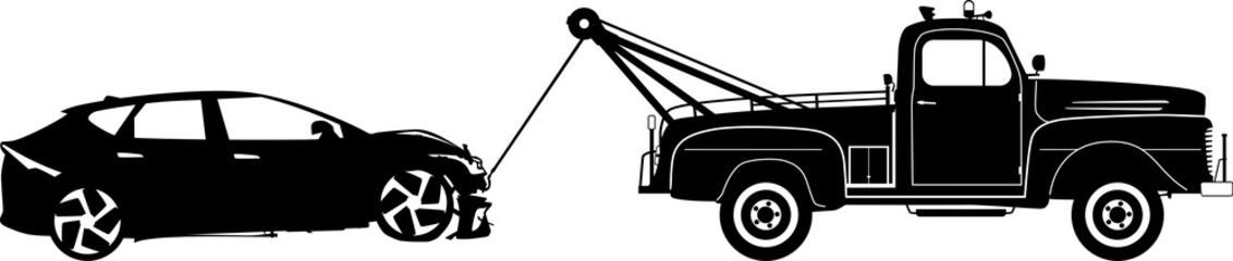 Silhouette of a tow truck towing a car after an accident. Damaged car. Tow truck.