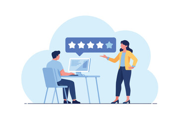 Business team reviews customer feedback online with five stars rating and laptop transparent background