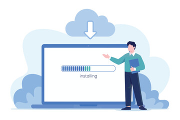 Man in suit points to laptop screen displaying cloud download progress bar and floating blue circles transparent background