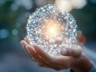 Person holding glowing futuristic digital sphere with interconnected nodes representing global technology and innovative network communication concepts in hand